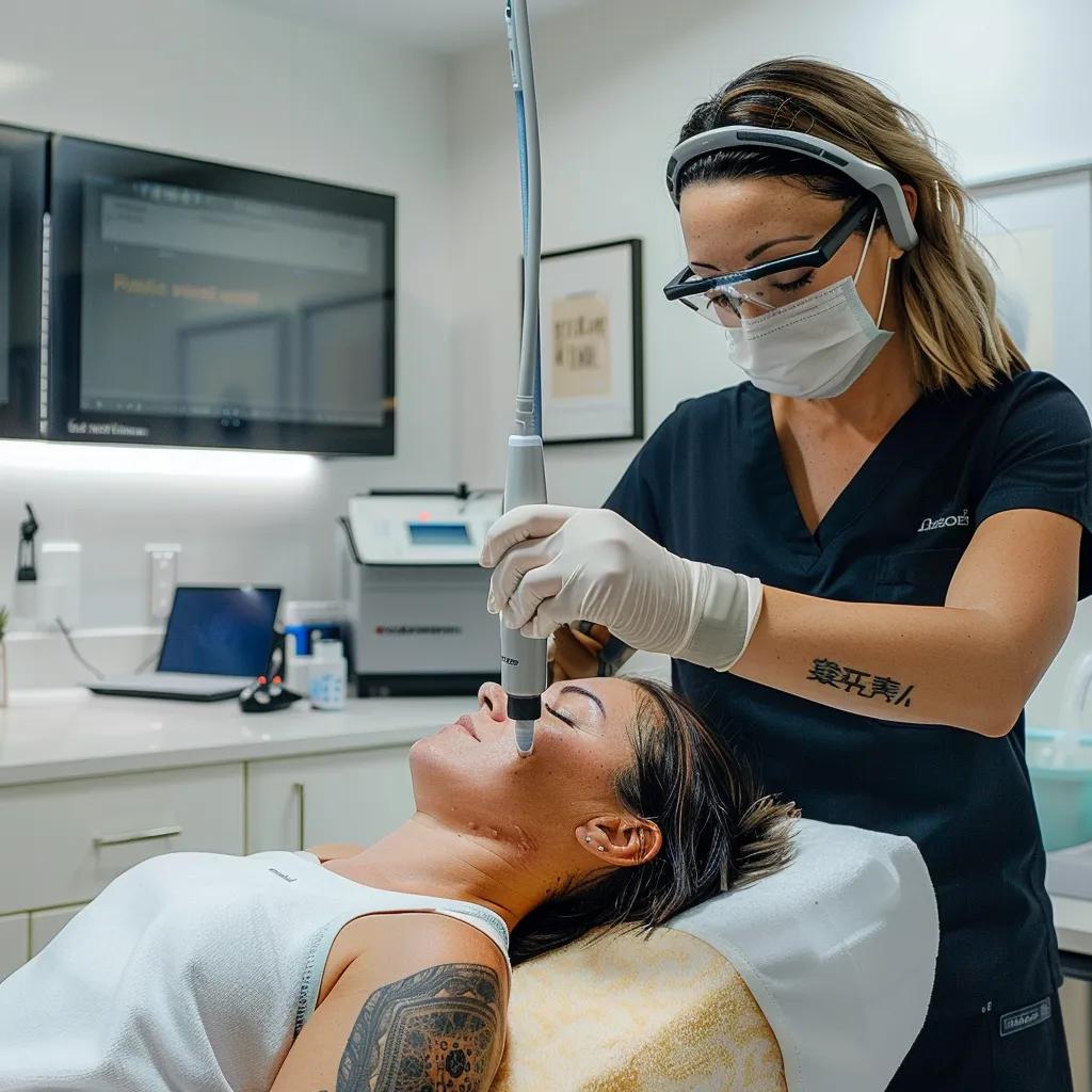 Laser tattoo removal treatment in a professional clinic setting, showcasing a patient and technician