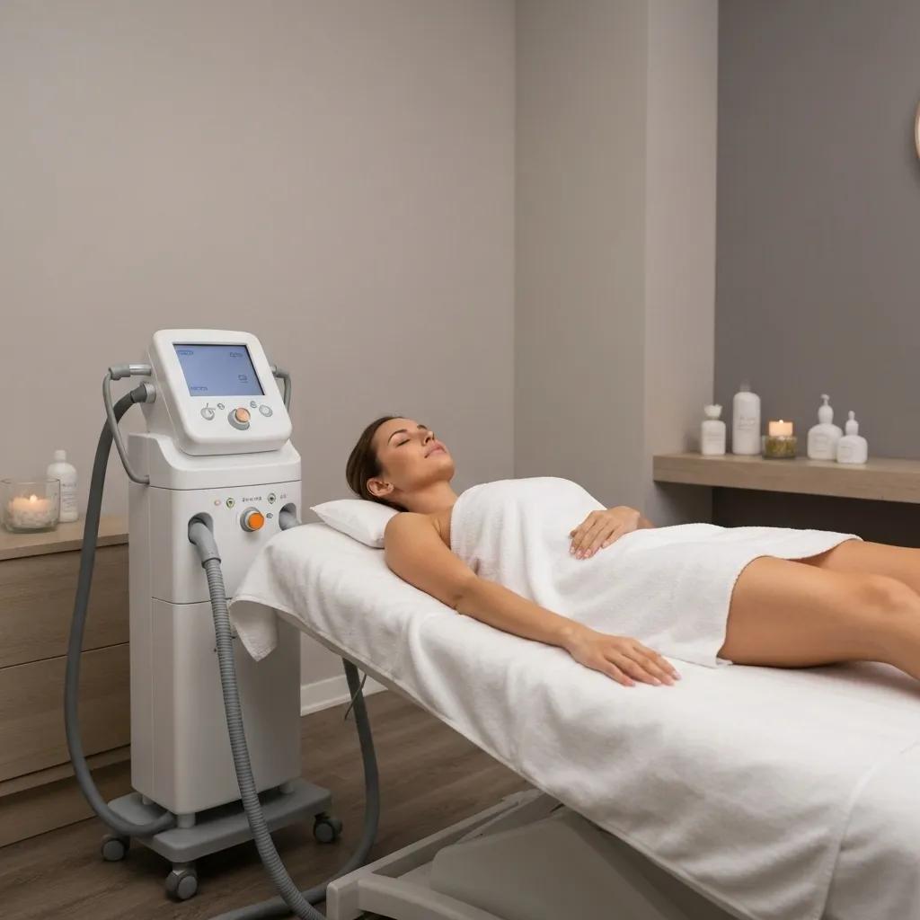 Laser hair removal device in a calming spa environment, highlighting advanced technology and patient comfort