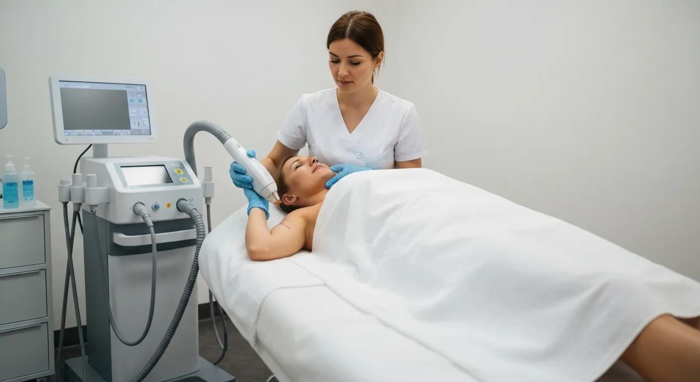 Laser hair removal treatment in a professional clinic setting with a patient and technician